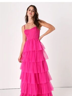 Lulus Rule the Runway Hot Pink Tulle Bustier Tiered Maxi Dress